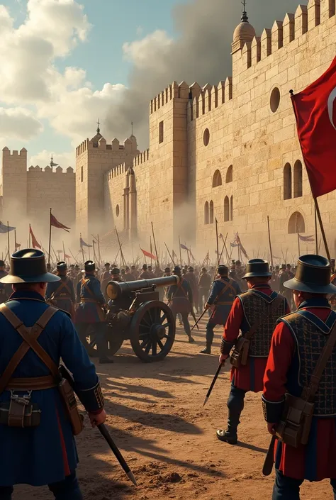 Siege of Jaffa :  French troops storm walls ,  battle with defenders .  In the foreground, cannons ,  soldiers with guns and bloody battle scenes