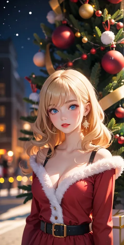  High-resolution ,  high detail,  high quality,full length ,full frame, girl , long hair,  blond hair ,  Natural curls, curls, Breasts, earrings,  blue eyes , makeup, Light blush, scarlet lips,  christmas outfit,  Christmas tree  