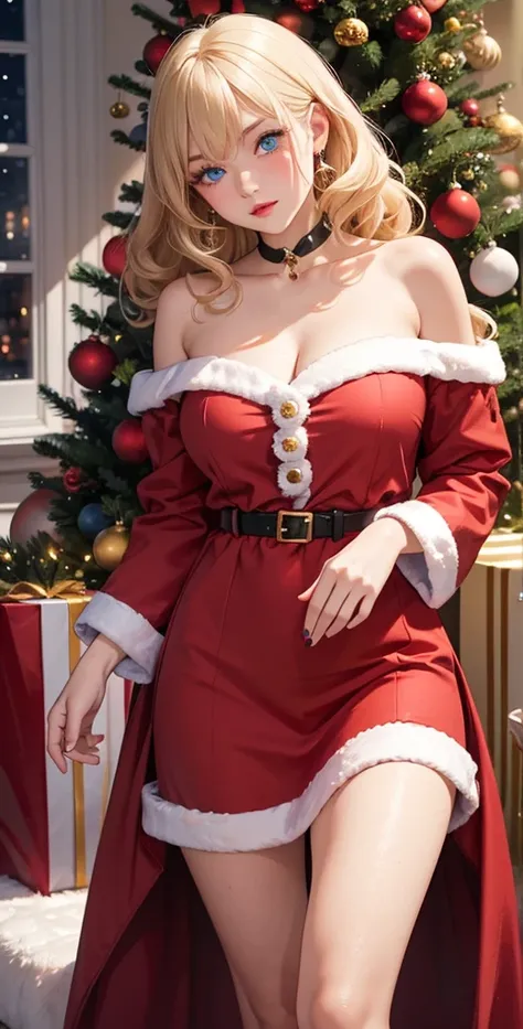  High-resolution ,  high detail,  high quality,full length ,full frame, girl , long hair,  blond hair ,  Natural curls, curls, Breasts, earrings,  blue eyes , makeup, Light blush, scarlet lips,  christmas outfit,  Christmas tree  