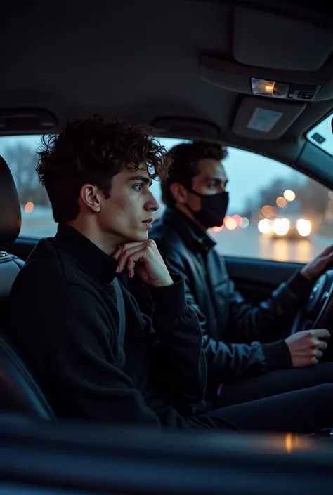  Two young people in a vehicle , one wearing a black sweater ,  with their mouths covered and a cigarette in their hand ,  while looking through the of the co-pilot facing out ,  resting their heads on the hand ,  with a hat on his head facing back and a s...