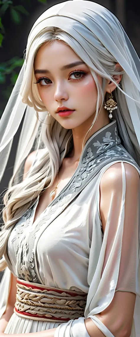  veil on head , Grey Veil, White hair, off white, Gouvez art style, Arrogant and indifferent girl, Half-closed eyes, White eyes球, White eyes, Ethnic style, off white