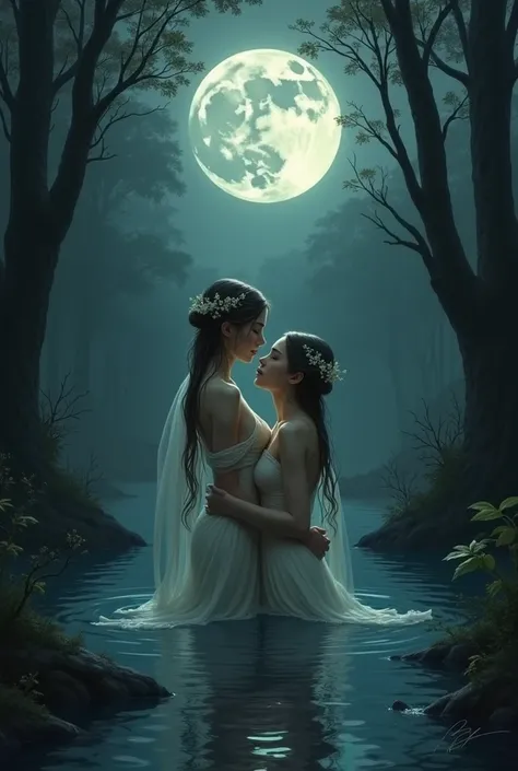 Two different water nymphs, half in water, hugs, dark, night, big moon, less arm wearing, dark forest 