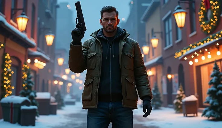 I want a character from GTA 5 holding a gun and the Christmas Christmas background 