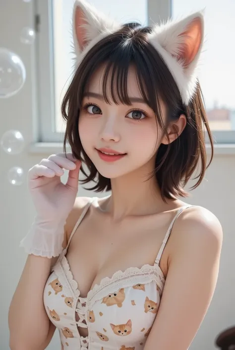  anthropomorphic cute female cat 、  My whole body shows  、 cat wearing a dress with a cat pattern 、  cat posing with big fluffy gloves 、 in a bright room、There are lots of soap bubbles in the background 、 Sexy Pose 、Hair curler 、Nipple protrusion