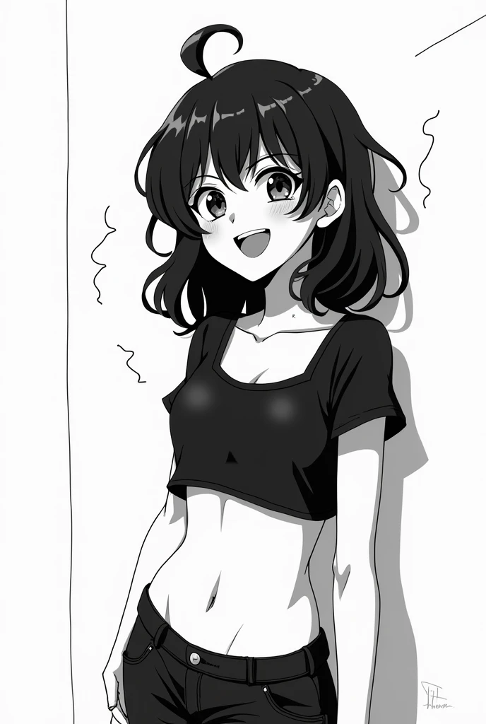 Black hair. wavy hair style. Leaning against the wall.  Short pants. Anime art style. Smoke. Naughty face. Black and white Like a manga panel.  Crop top