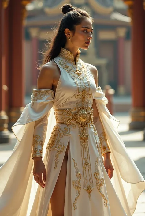  Create an oriental and medieval clothing, of white and gold battle , sleeveless. 