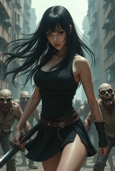  Woman with long black hair with fringe,  black eyes,  pale skin ,  short black dress, with a katana in his hand, attack pose,  background buildings and zombies .