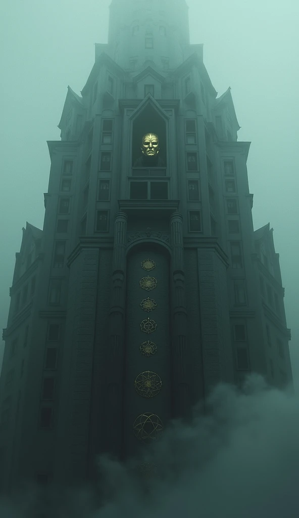  An enormous Victorian building with dark windows and imposing towers , surrounded by thick fog .  From one of the upper windows ,  a figure wearing a golden mask looks down ,  while an ancient spiral staircase inside seems to descend to a room with arcane...