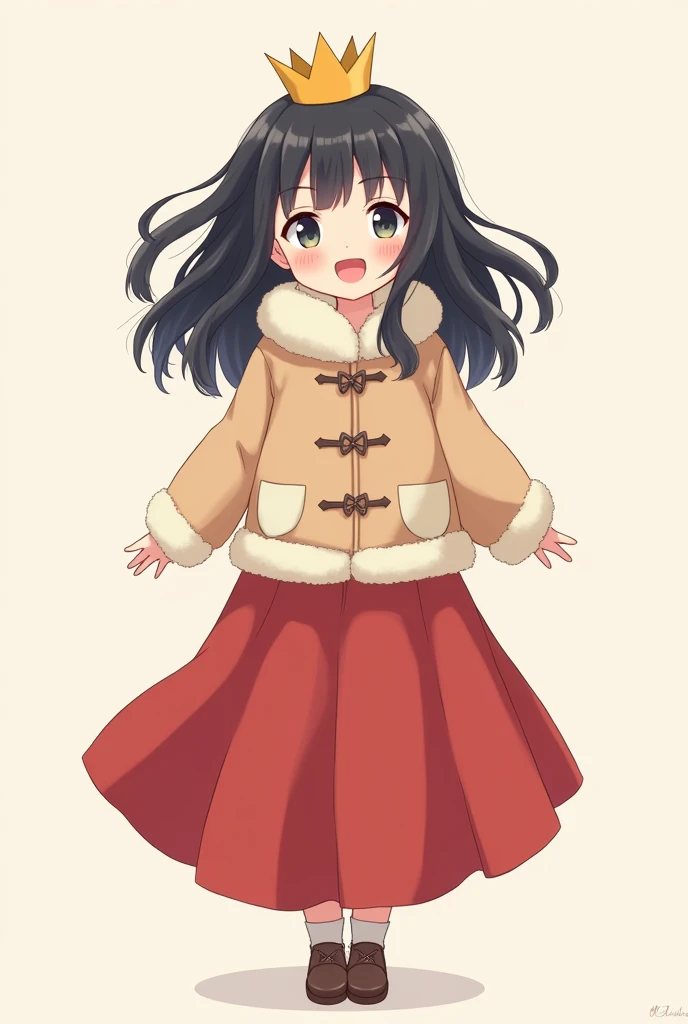 Draw a cute little anime girl with a long red skirt, Wearing a cute warm jacket, black hair, Using a crown, and no background, With a happy expression, a straight body