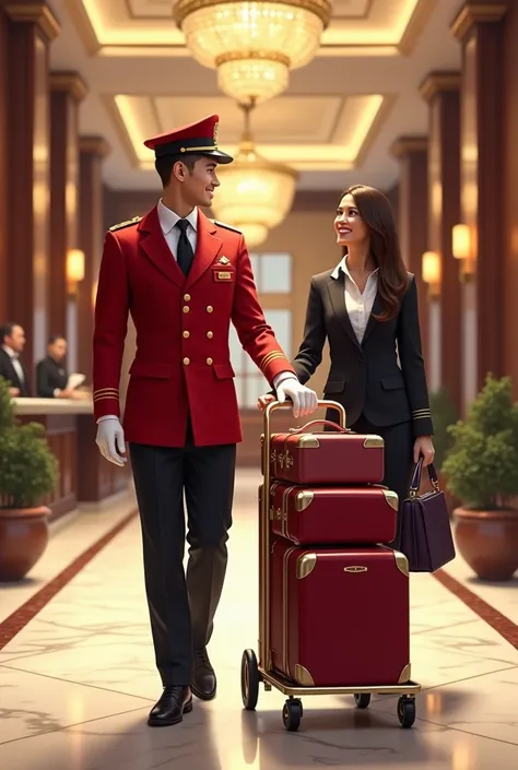 "A professional hotel bellboy escorting a guest to the reception desk for check-in. The bellboy is wearing a classic red uniform with gold details, including a neat hat and white gloves, while pushing a luggage cart filled with neatly arranged suitcases. T...