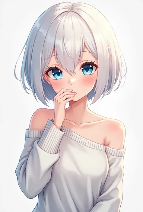 (((smug cute face))),  ((Short hair, Moderately tall)),  ((White hair,  blue eyes)),  (( white sweater with open shoulders)),  (The right hand is raised near the mouth, like a rats baby, Left hand next to the waist )