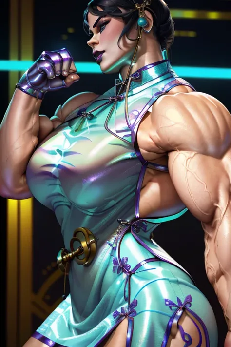 ((Close-up)), tall, ((cyan hair)) beautiful muscular woman, long hair, white skinned, (smirking), large breast, (black lipstick), (massive muscles), (hyper muscle), ((ginormous bulky muscles)), purple eyes, (((((metallic cheongsam dress))))), (fingerless g...