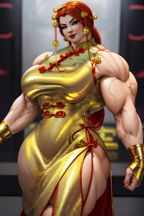 ((Close-up)), tall, (red hair) beautiful muscular asian woman, long hair, white skinned, (smirking), large breast, (black lipstick), (massive muscles), (hyper muscle), ((ginormous bulky muscles)), yellow eyes, (((((metallic cheongsam dress))))), (fingerles...