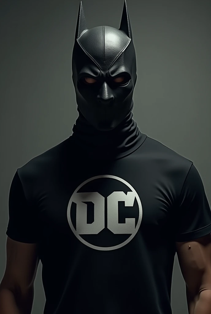 A masked man ,  with a black shirt written on the DC shirt
