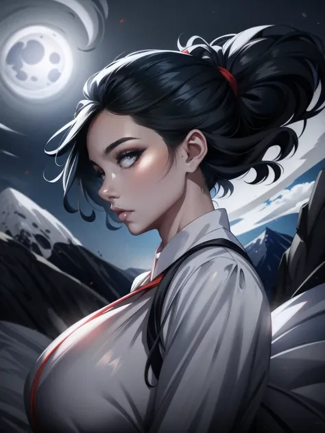 Create a surreal black and white photo of beautifull asian woman with short black hair blowing, mountains in background, moonlight stream down her face. She look straight to you, Her face shinning under moonlight. Her black eyes shinning reflect the moonli...