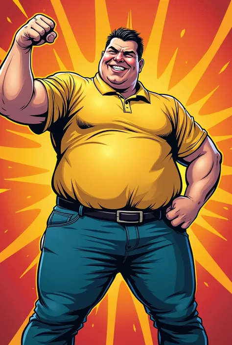 A pop illustration of a chubby man doing a fist pose