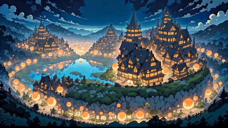 (masterpiece, ultra-detailed, top quality), (cartoon-like illustrations reminiscent of Hayao Miyazaki, Japanese 2D animation, shadows:1.3), distant night view from above, (huge peach celestial bodies in the night sky:1.5), (huge medieval European castle to...