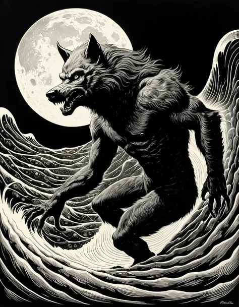 Werewolf.  Monochrome, "The Twilight Zone", queerish, hackneyed, peculiar, strange screen effects. Scratchboard, Intricate work reminiscent of copperplate prints. by Frank Frazetta, Hannes Bok. pulp fiction, Postmodern allegory, Vintage Processing. vintage...