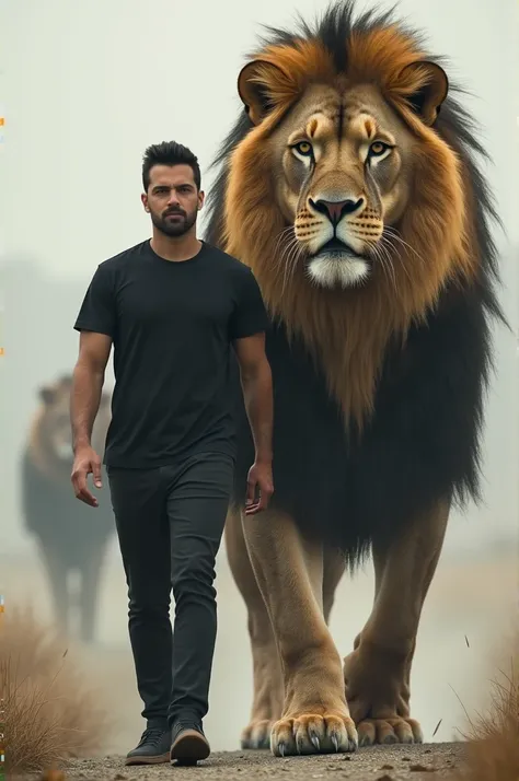 A man dressed in black casual and walking alongside a very giant lion walking together 