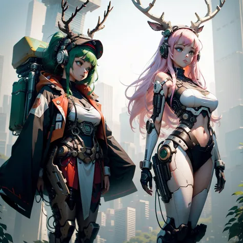 girl and deer , mechanical， cyberpunk， Japanese Anime,  giant antler ,  medium chest, Christmas gift , String, silk,  cute, whole body, melting,  red and green hair, Santa hat,  curvy body ,  skirt, View the scenery,High target,  in high quality , height, ...