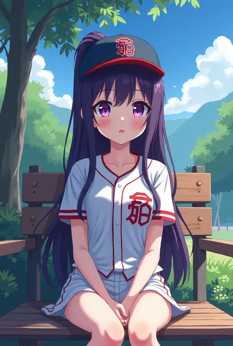 Japanese animation style、High school girl、Baseball uniform 、 Baseball Cap 、Rest area、Dark Purple Long Hair、single ponytail、 purple pupils