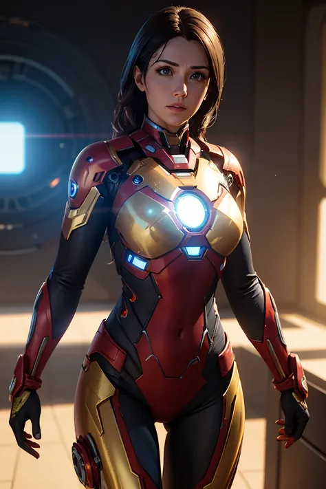 A female Ironman, lens flare, 3d render, computer generated 3d art, CGI, 3d, ray tracing, Octane render, Unreal Engine, Unreal Engine 5, featured on CGSociety, hyper-realistic, hyper detailed, ultra high resolution, 8k