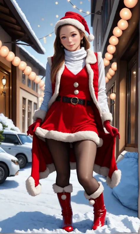 a cute woman, 25 years old, wearing sexy holiday tights, furry Christmas boots, gloves, hat and vest, happy expression, playing in the snow in a Christmas wonderland, teasing and inviting viewer, (best quality,4k,8k,highres,masterpiece:1.2),ultra-detailed,...