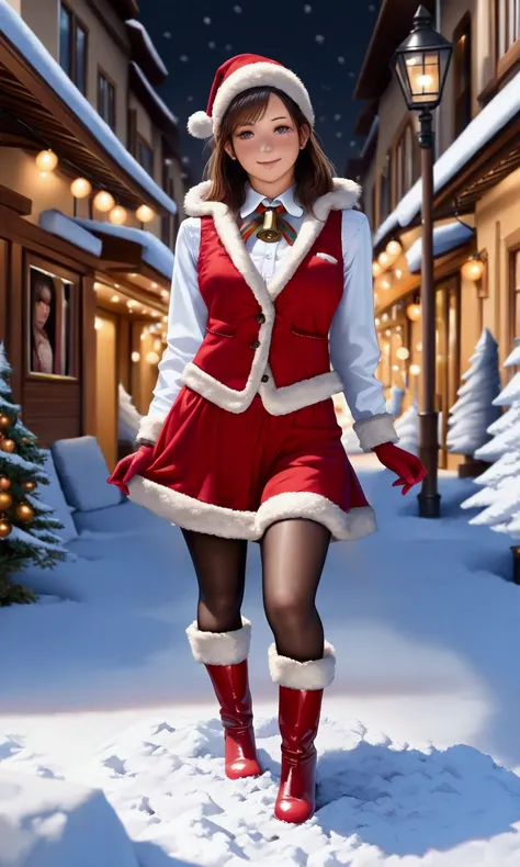 a cute woman, 25 years old, wearing sexy holiday tights, furry Christmas boots, gloves, hat and vest, happy expression, playing in the snow in a Christmas wonderland, teasing and inviting viewer, (best quality,4k,8k,highres,masterpiece:1.2),ultra-detailed,...