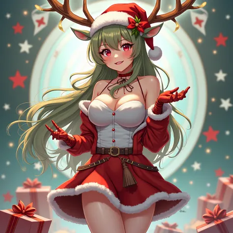 Girl deer, mechanical， cyberpunk， Japanese Anime,  giant antler ,  medium chest, Christmas gift , String, silk,  cute, whole body, melting,  red and green hair, Santa hat,  curvy body , skirt, View the scenery,High target,  in high quality , height, whole ...