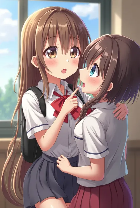 Anime girl with braided hair sucking her friends penis at school