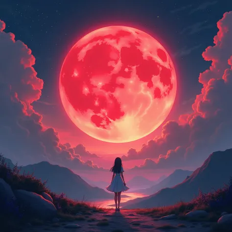 Illustration drawn of a red moon on the horizon centered,  conceptual art,under the，  anime style  ，Dreamland Wonderland、Fantasy，    masterpiece  ，HD，colorful， detailed details 