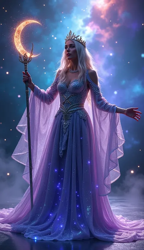 A celestial sorceress with a galactic theme appears on a dazzling stage. Her gown sparkles with star patterns in hues of midnight blue, purple, and silver, and her cape flows like a starlit sky. She wields a glowing staff crowned with a crescent moon. Surr...