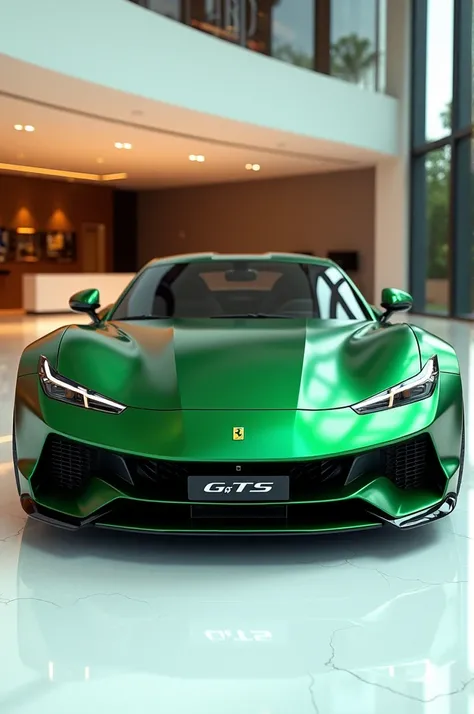 Full back view of painted green with shiny clour 2025 Ferrari 812 gts sleek in large shape sedan in large size with Volvo logo on its large detailed grille in shiny white clour with angular sporty design captured from full back view with modified sleek Fro...