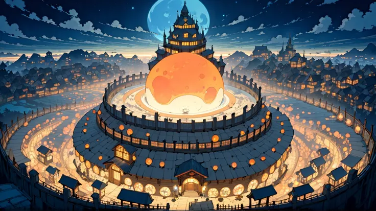 (masterpiece, ultra-detailed, top quality), (cartoon-like illustrations reminiscent of Hayao Miyazaki, Japanese 2D animation, shadows:1.3), distant night view from above, (huge peach celestial bodies floats in the night sky:1.5), (huge medieval European ca...