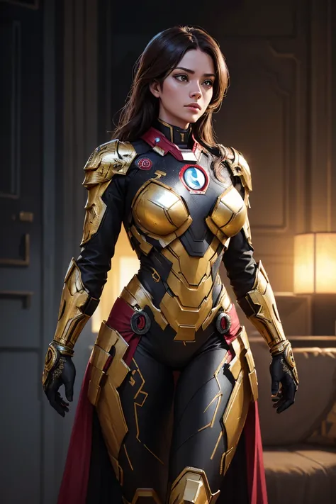 A headless female Ironman, black and gold armor, digital painting, trending on ArtStation, hyper-realistic, extremely detailed, intricate details, ultra high resolution, 8k