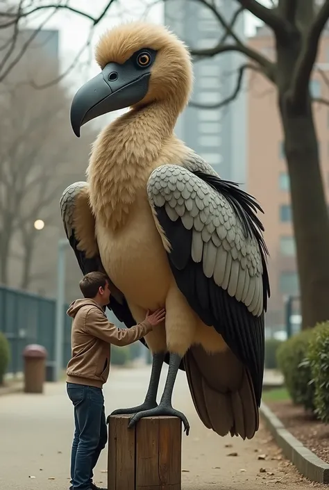 Imagine a whimsical and captivating scene where a tiny man, only reaching up to the chest of an extraordinarily large bird, stands next to and embraces the giant creature perched on a wooden post. The bird, with light brown and gray plumage, has a robust b...