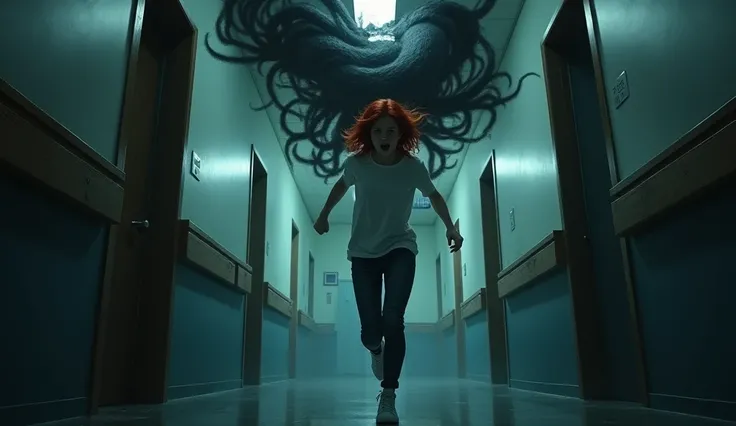 The dark hospital corridor ,  under the ceiling a black substance with the tentacles of their dark energy, tentacles are drawn to the girl out of energy,   red-haired girl in a white t-shirt and jeans runs away frightened ,  front view 