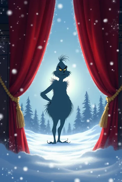 Make a curtain open for Christmas so that you cant see anything because of the snow and in the background you can see the silhouette of the Grinch 