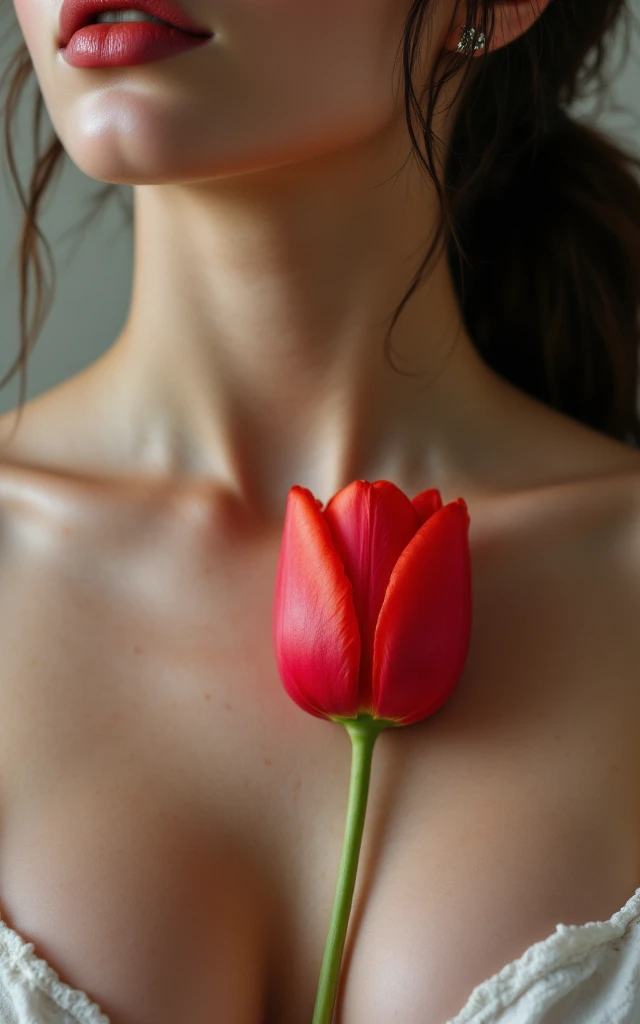 Photorealistic close-up of a 20-year-old womans breast with a red tulip covering her nipple. The photo is taken by Annie Leibovitz, applying the rule of thirds, with breathtaking composition and incredible lighting, using a Canon EOS R5 camera with a macro...