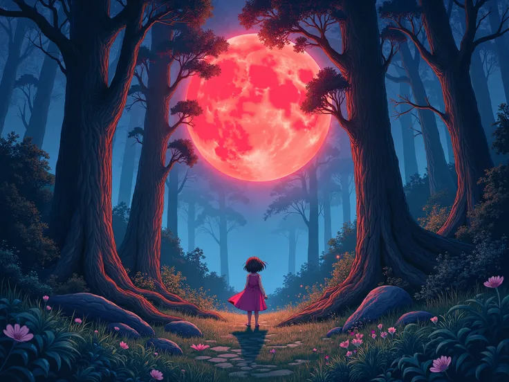 hand drawn illustration in the middle of the forest at night with a red moon,  conceptual art,under the，  anime style  ，Dreamland Wonderland、Fantasy，    masterpiece  ，HD，colorful， detailed details 