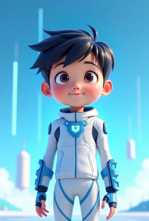 Faça um menino japonêS de olhoS puxadoS e com roupaS tecnológicaS digital uSando azul céu e branco e pulSeiraS digital em deSenho animado verSão DiSney júnior, S 