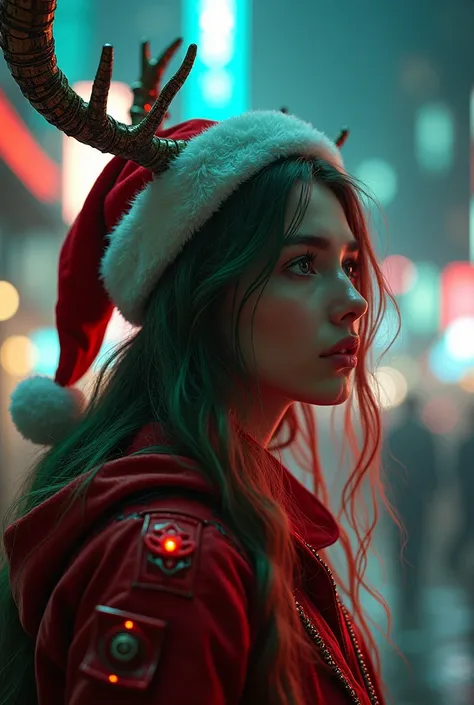 cinematic cyberpunk girl,young woman,santa hat,Christmas gift , String, silk,  cute, whole body, melting,  red and green hair, mechanical deer antlers,intricate clockwork mechanisms,glowing neon lights,dark sci-fi city background,highly detailed,4K,8k,phot...