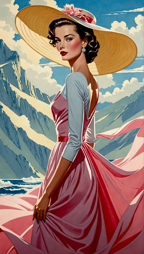 Create a stunning masterpiece depicting a woman in 1950s style, wearing a flowing, very long dress that exudes a dreamy and magical aura. Windy day, Grace Kelly, Standing, She should have glamorous makeup, including striking red lipstick, and wear a wide-b...