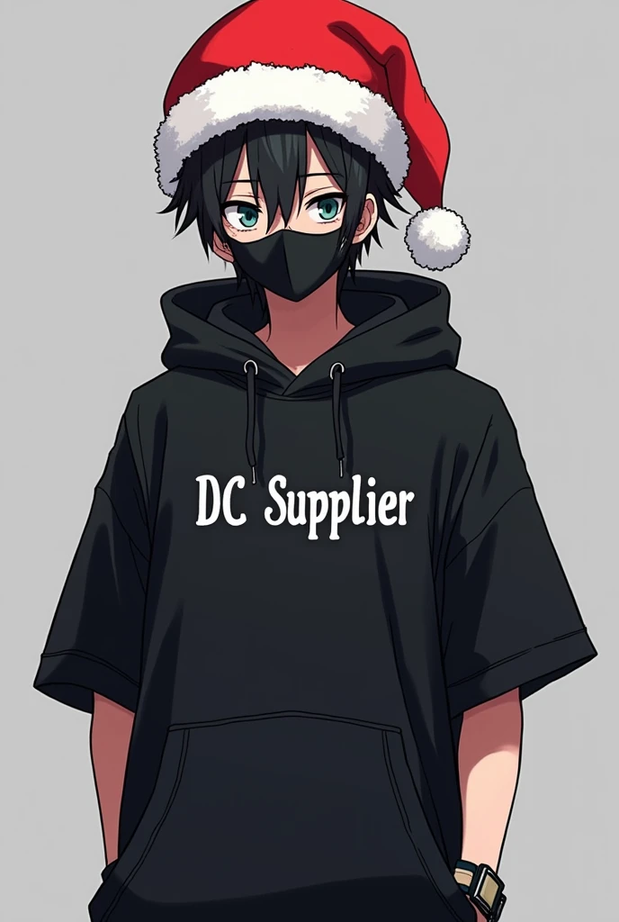 A male anime character wearing a black hoodie t-shirt, Written DC SUPPLIER , Hes wearing a mask ,   he is wearing a Santa Claus hat.
