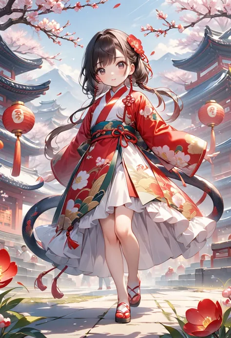 masterpiece， Top quality，  HD ，8ｋ， Spring Festival Illustration  ， Spring Festival Scenery  ，Full body posture， BOSS Snake ，Ba Snake ， cute,A boy，A girl，大战Ba Snake， The weapon is a gun，Q version character，2 head body