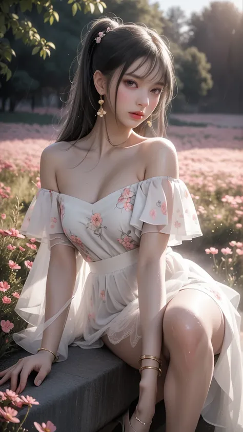 Top Quality, Masterpiece, High Resolution, One Girl, Din Doll Effect, Realistic, (Golden Gray Hair), (Ponytail), (Pearl Earrings), Edge-lit, Two Tone Lighting, (High Detail Skin: 1. 2), 8K UHD, Pure, Sweet, Flower Background, (Cosmos Flower), (Flower Field...