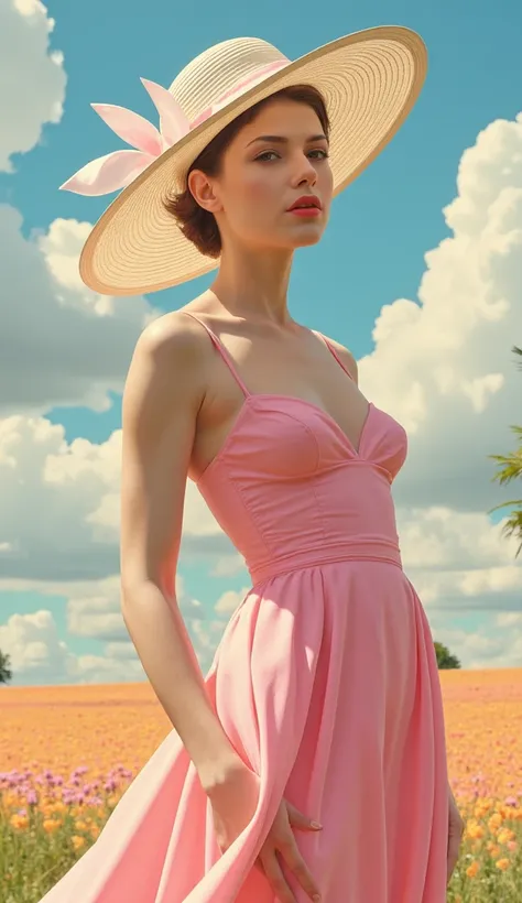 Create a stunning masterpiece depicting a woman in 1950s style, wearing a flowing, very long dress that exudes a dreamy and magical aura. Windy day, Grace Kelly, Standing, She should have glamorous makeup, including striking red lipstick, and wear a wide-b...