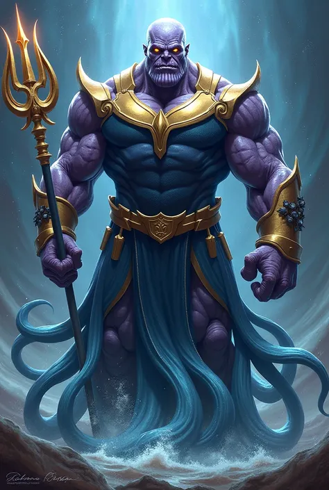 Create an original character who is the  of Thanos from Marvel and Ursula from Disney. The character has a powerful, imposing presence, blending Thanos strong, hulking physique with Ursulas aquatic and tentacled features. Their skin is a mix of purplish to...