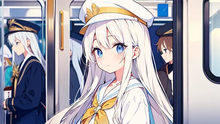 Pure white background、 crowded trains near the door、  white hat with gold decoration、Long white hair、Sailor&#39;   white uniform  