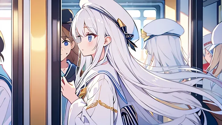 Pure white background、 crowded trains near the door、  white hat with gold decoration、Long white hair、Sailor&#39;   white uniform  